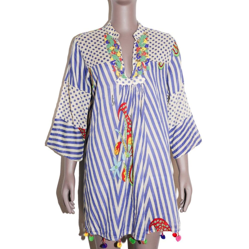 Women's Striped Cotton Beaded Dress Size Large‎ Casual Summer Sundress